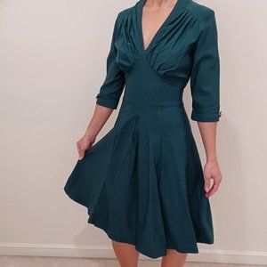 Women's Retro Deep-V neck. Vintage Cocktail Swing - Forrest Green Dress - Small